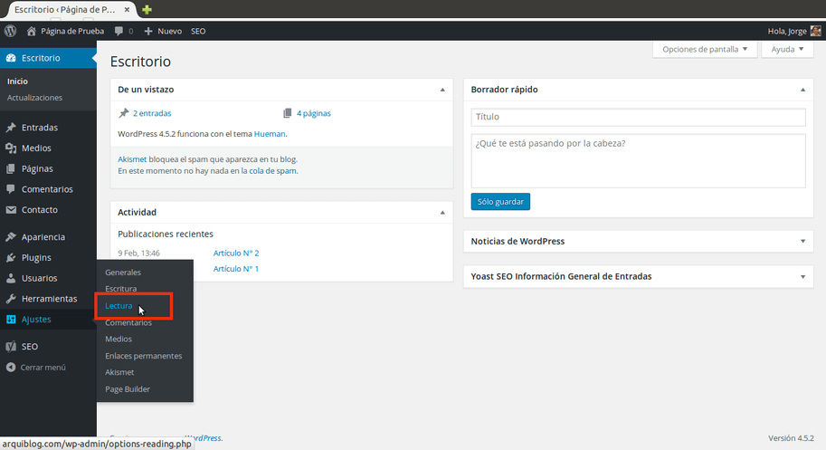 crear página principal con WordPress ajustes crear página principal con WordPress ajustes