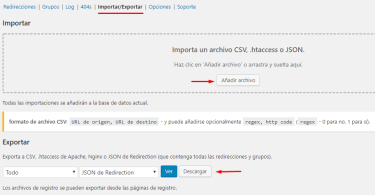 Importar y exportar redirecciones