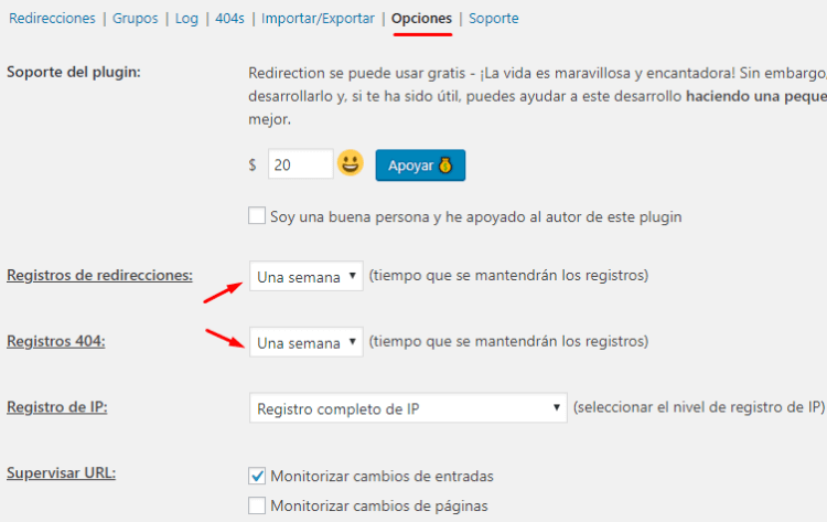 Opciones del plugin Redirection