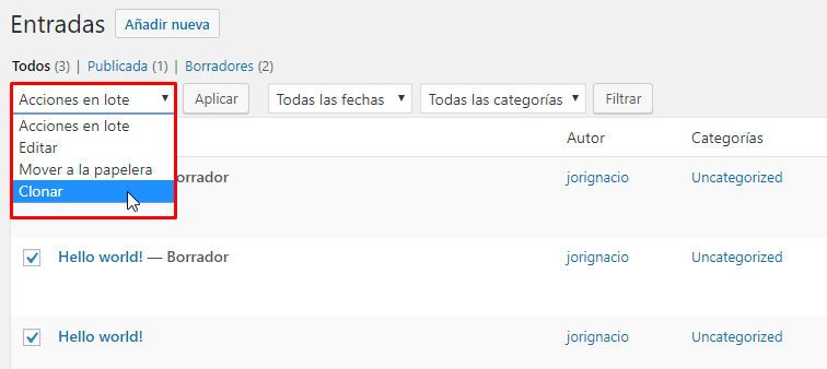 Clonar entradas masivo de Duplicate Post