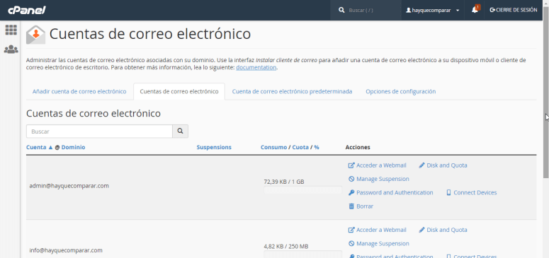 cpanel cuentas de correo