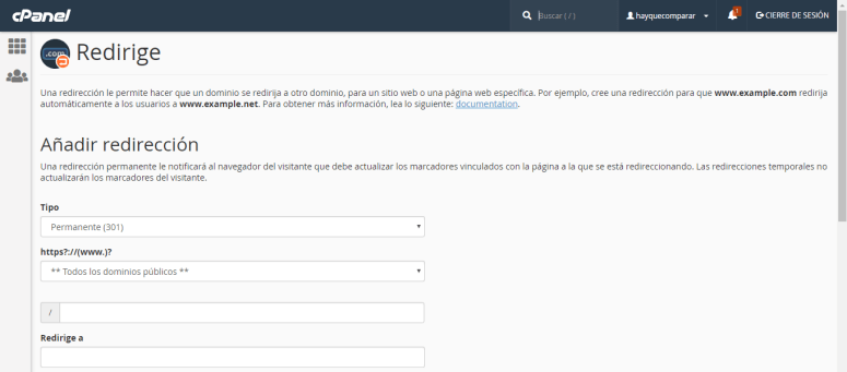 cpanel crear redirecciones