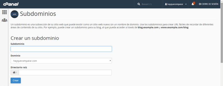 cpanel crear subdominio