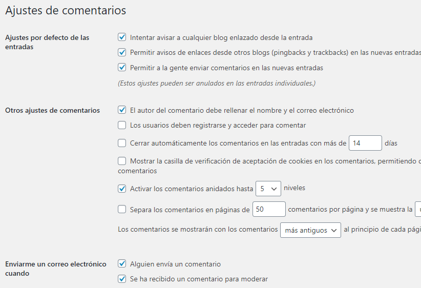 Ajustes de comentarios