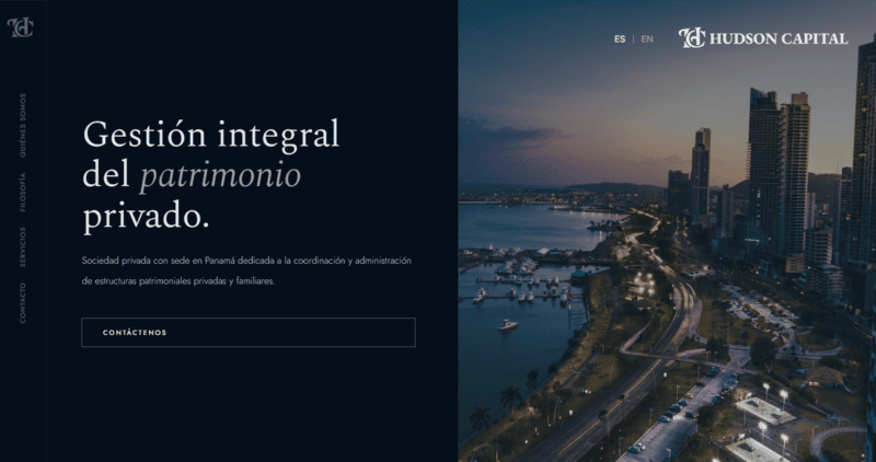 Sitio web de Hudson Capital Inc., firma de gestión patrimonial en Panamá, diseñado y desarrollado por Aventura Digital